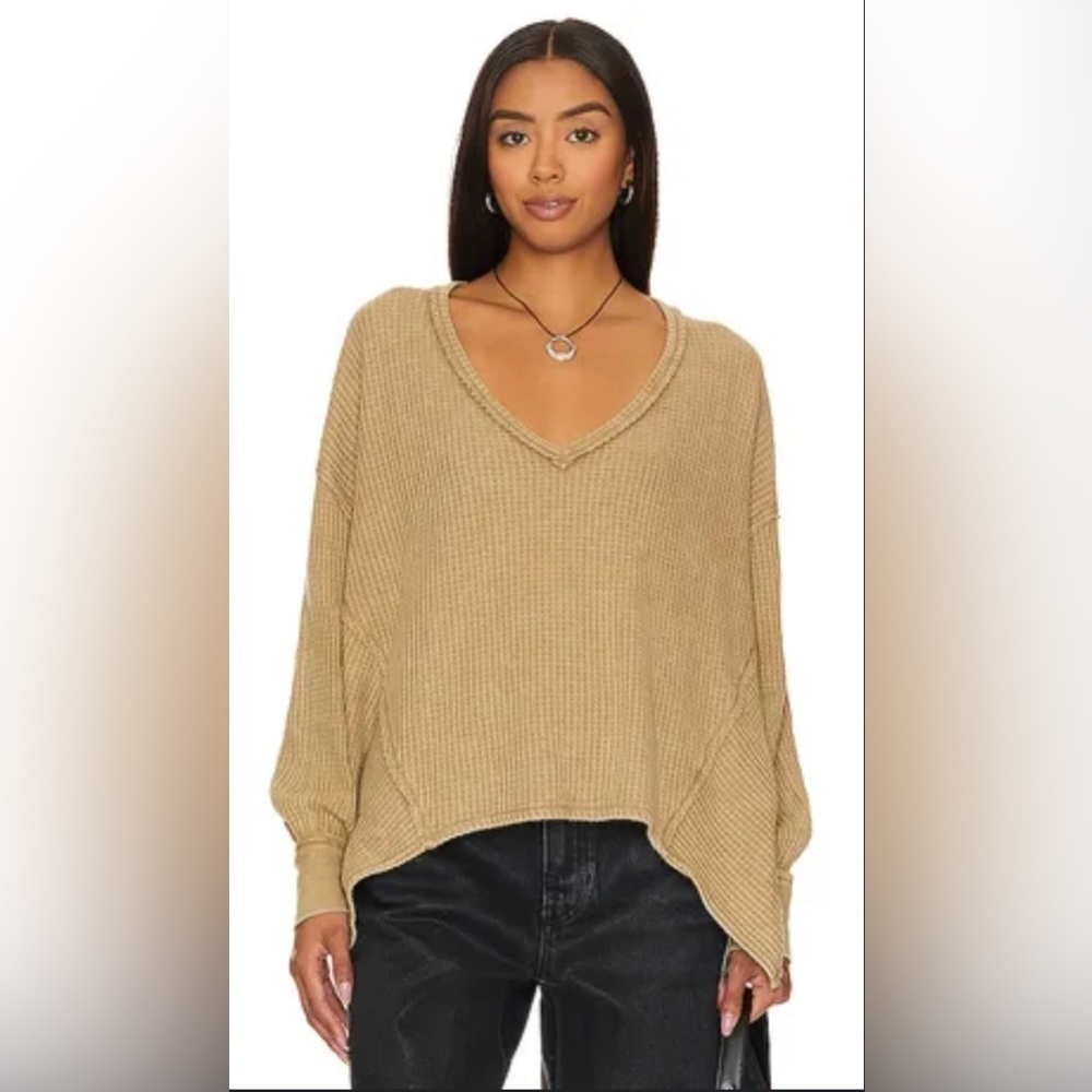 Free People Coraline Thermal‎ Top Tan Slouchy Oversized V Neck Sz L